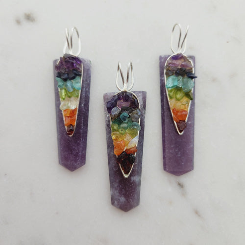 Lepidolite Pendant with Chakra Chips (silver metal)