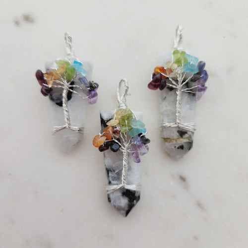 Moonstone Tourmaline Pendant with Wire Wrapped Tree of Life (silver metal)