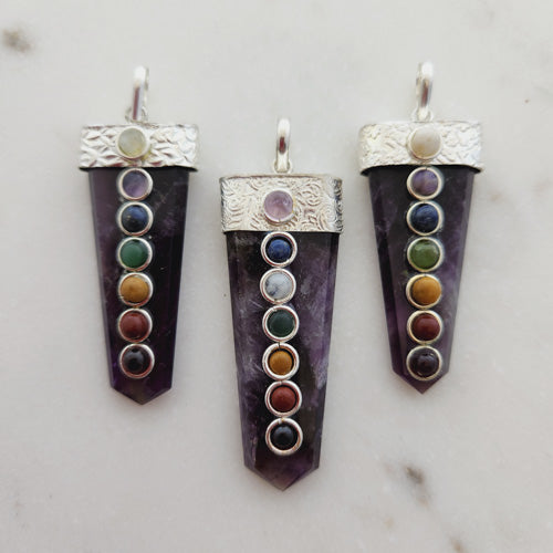 Amethyst Pendant with Chakra Stones (silver metal)