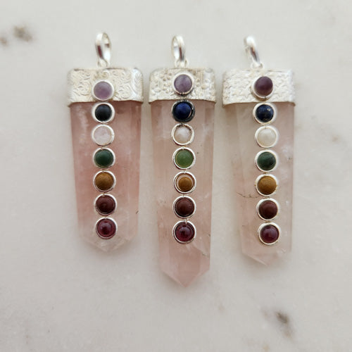 Rose Quartz Pendant with Chakra Stones (silver metal)