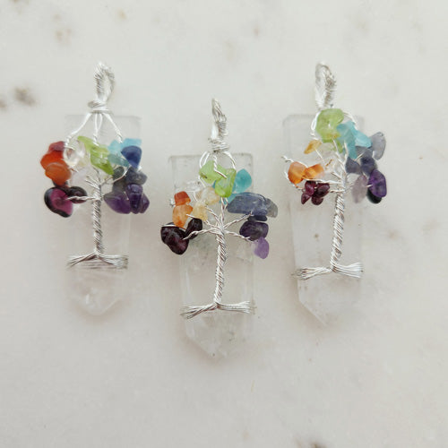 Clear Quartz Pendant with Wire Wrapped Tree of Life (silver metal)