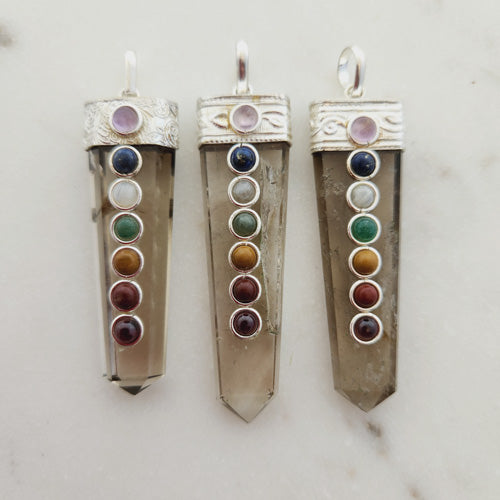 Smoky Quartz  Pendant with Chakra Stones (silver metal)