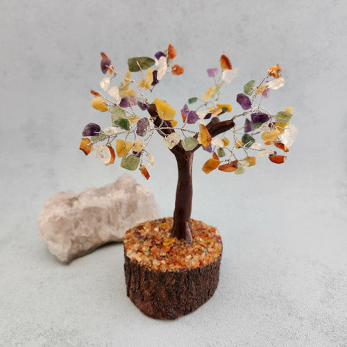 Mixed Crystal Tree on Neem Wood Base (assorted. approx. 16x12x12cm)