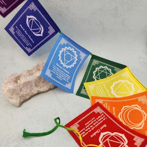 Tibetan Chakra Prayer Flags with Affirmations (flags measure approx. 10x7.5cm each)