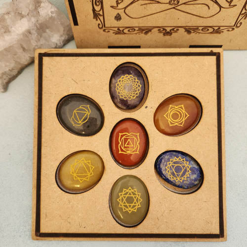 Crystal Chakra Set with Sanskrit Symbols in Wooden Box (assorted boxes. approx. 16.5x16.5x1.7cm)