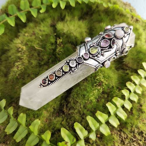 Clear Quartz Faceted Wand with assorted Crystal Cabochons in Silver Metal Cuff (approx. 11.5x2.5cm)