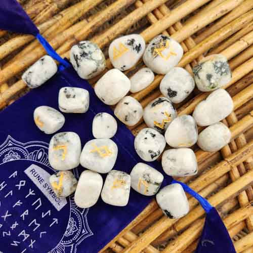 Moonstone Runes Set with Information Sheet and Drawstring Bag (assorted)