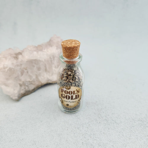 Fools Gold Iron Pyrites In Glass Bottle ( approx 6.5x2.5cm)