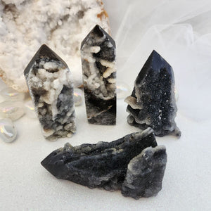 Black Calcite/Druzy Quartz Partially Polished Point