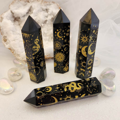 Black Obsidian Point with Gold Symbols (assorted. approx. 9.5-10x2.3-3cm)