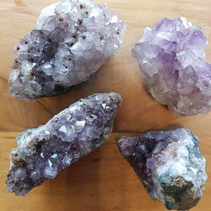 Small Amethyst clusters with purple points and a soft natural shimmer.