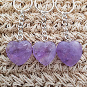 Amethyst heart keyring with smooth polish and soft purple colouring.