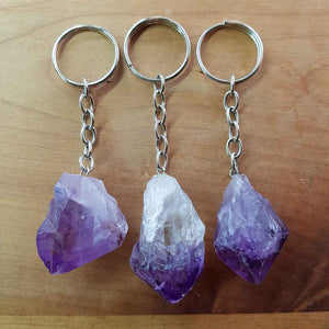 Amethyst natural point keyring with raw crystal point.