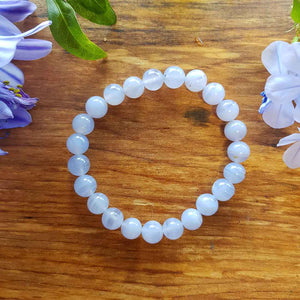 Blue Lace Agate 8mm bead bracelet with soft blue and white banding