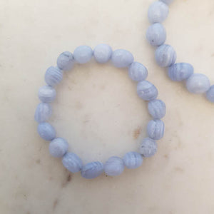 Blue Lace Agate nugget bead bracelet with soft blue and white banding