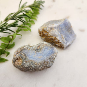 Blue Lace Agate rough rock with natural blue and white banding in raw unpolished form