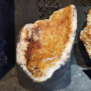 Large heat-treated citrine geode, 33x27x15 cm, vibrant yellow crystal formation for statement display