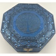Hexagonal Tree of Life Trinket Box with Blue Metalic Finish (velvet lined approx. 20x20x5cm)