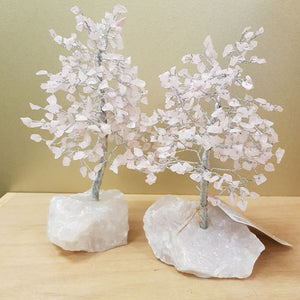 Rose quartz crystal tree on matching pink rose quartz base.