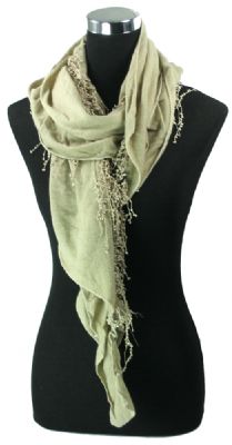 Taupe Scarf with Cascading Lace Trim