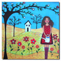 Girl with Watering Can Canvas (approx. 40x40x2cm)